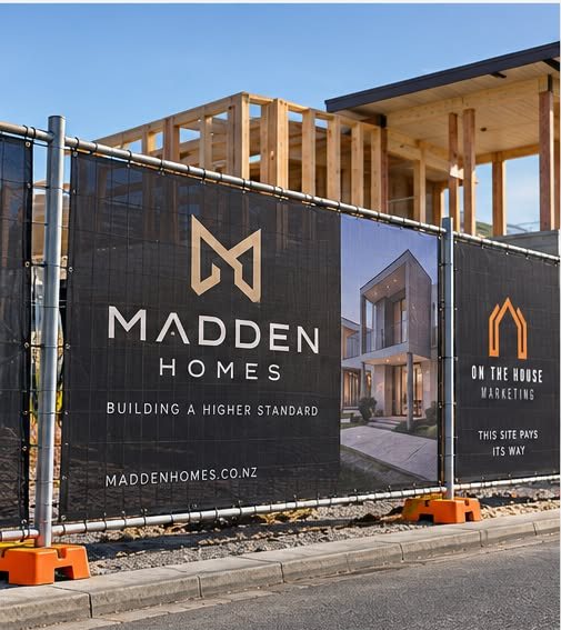 Temporary fencing mesh advertising a home builder