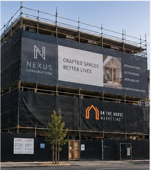 Scaffolding wrap advertising a construction company