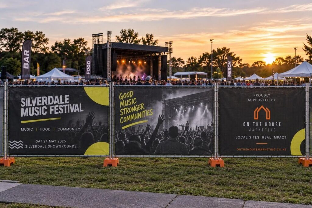 Event signage on temporary fencing at an outdoor music festival