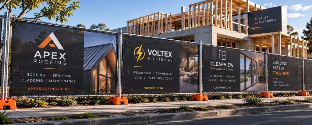 Temporary fencing mesh panels advertising local trades outside a new build