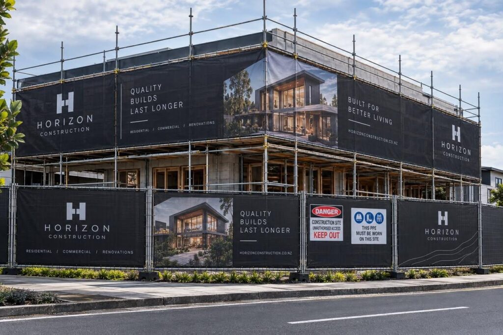 Full scaffolding wrap advertising a construction company across a two-storey build