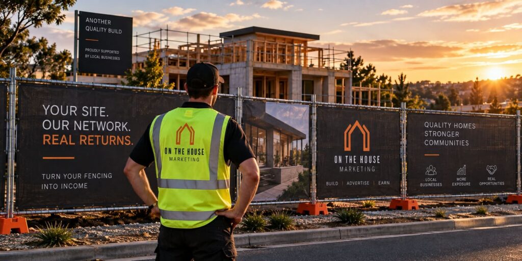 Builder looking at On The House Marketing fencing panels reading Your site, our network, real returns