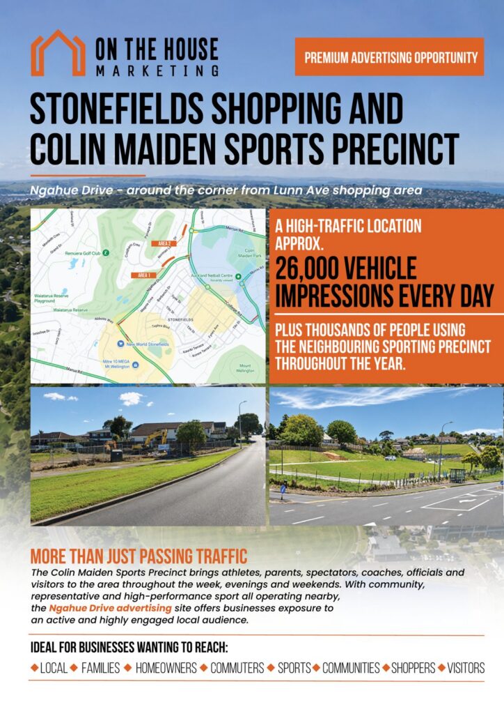 Stonefields advertising opportunity: Ngahue Drive, approx 26,000 vehicle impressions every day