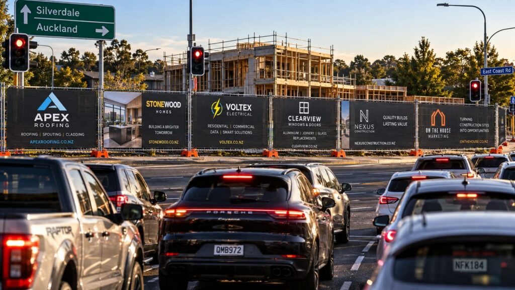 Queued traffic at an intersection beside a fencing mesh advertising run on East Coast Road, Auckland